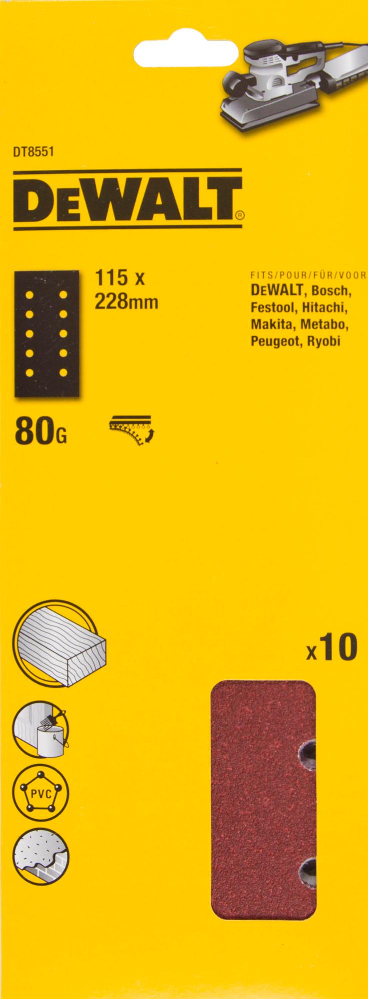 Papier brúsny 115x228mm P80 dierovaný suchý zips 10ks DEWALT DT8551