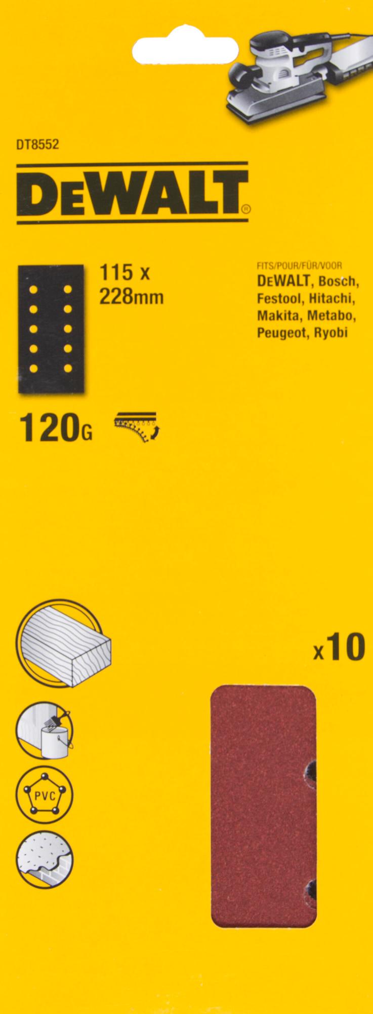 Papier brúsny 115x228mm P120 dierovaný suchý zips 10ks DEWALT DT8552